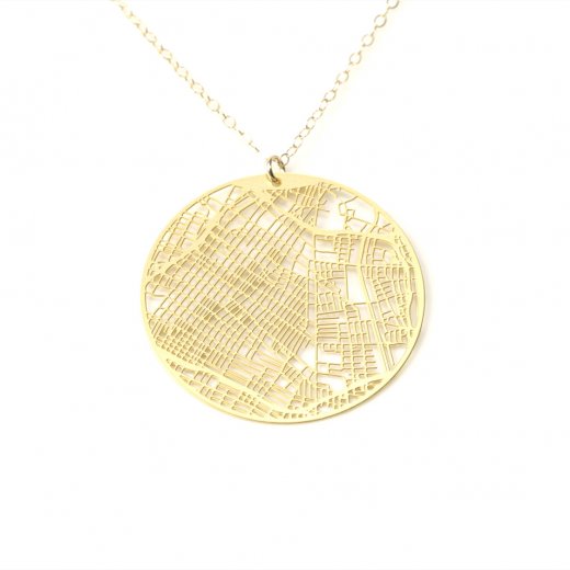 Urban Grid Map Necklace Los Angeles Silver on Model