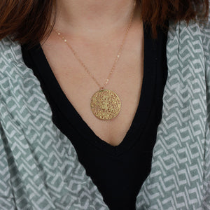 Urban Grid Map Necklace Gold on Model 