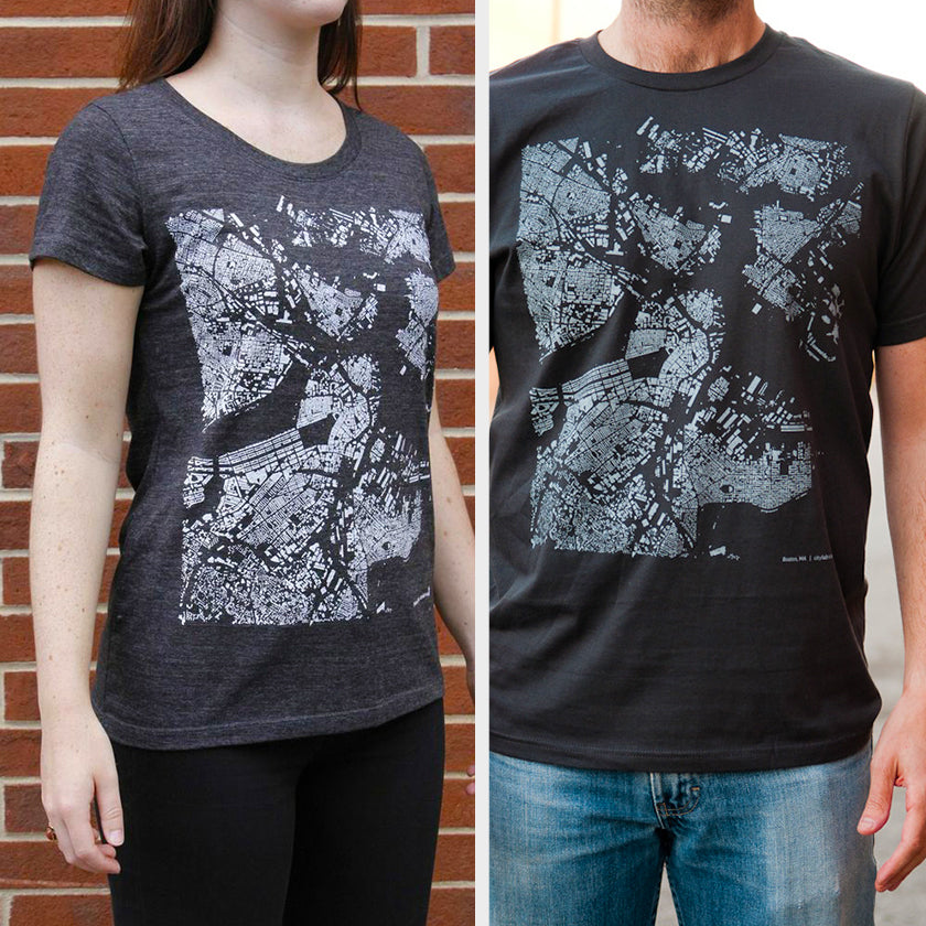 Boston City Map T Shirt on Two Models