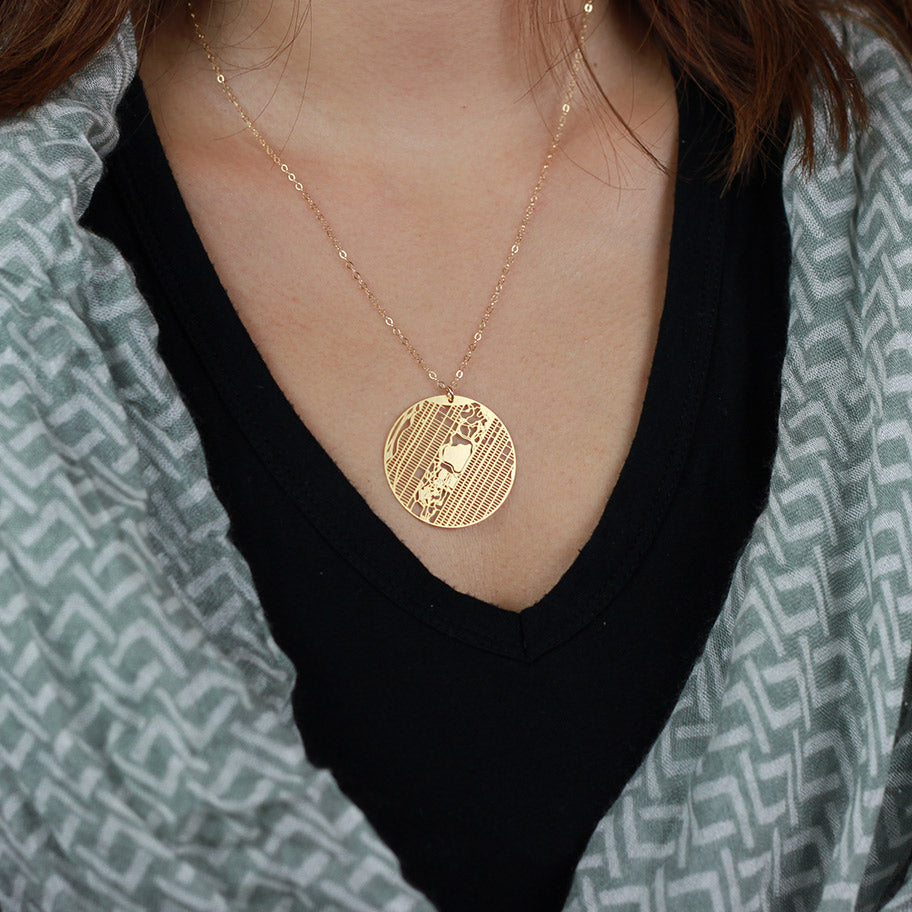 Urban Grid Map Necklace New York City Gold on Model