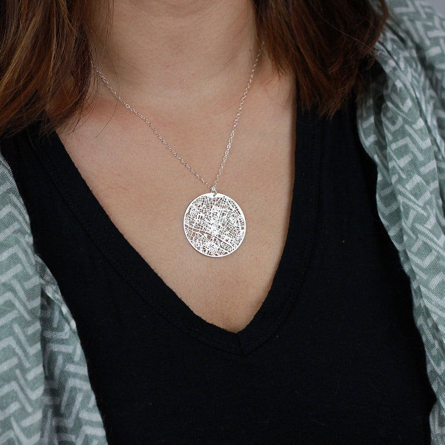 Urban Grid Map Necklace Paris Silver on Model 