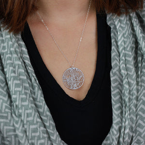 Urban Grid Map Necklace Rome Silver on Model 